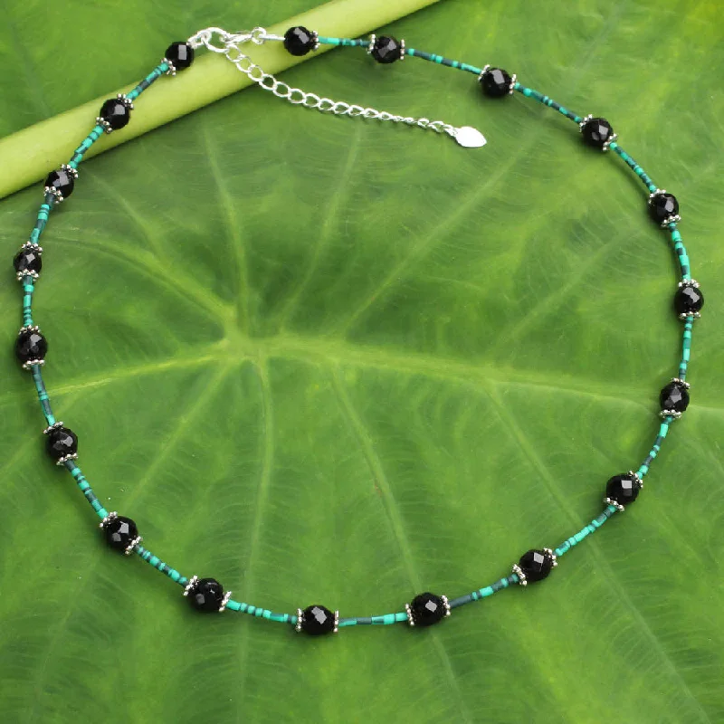 custom engraved birthstone necklace for men-Handmade Sterling Silver 'Floral Nights' Onyx Calcite Choker (Thailand)