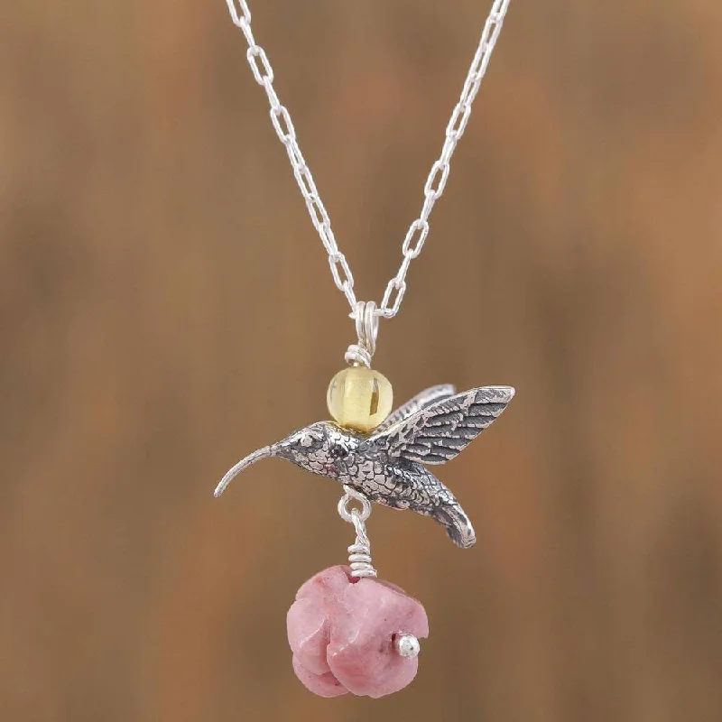 crystal pendant necklace with engraving for her-Handmade Sterling Silver 'Hummingbird Treasure' Rhodochrosite Amber Necklace (Mexico)