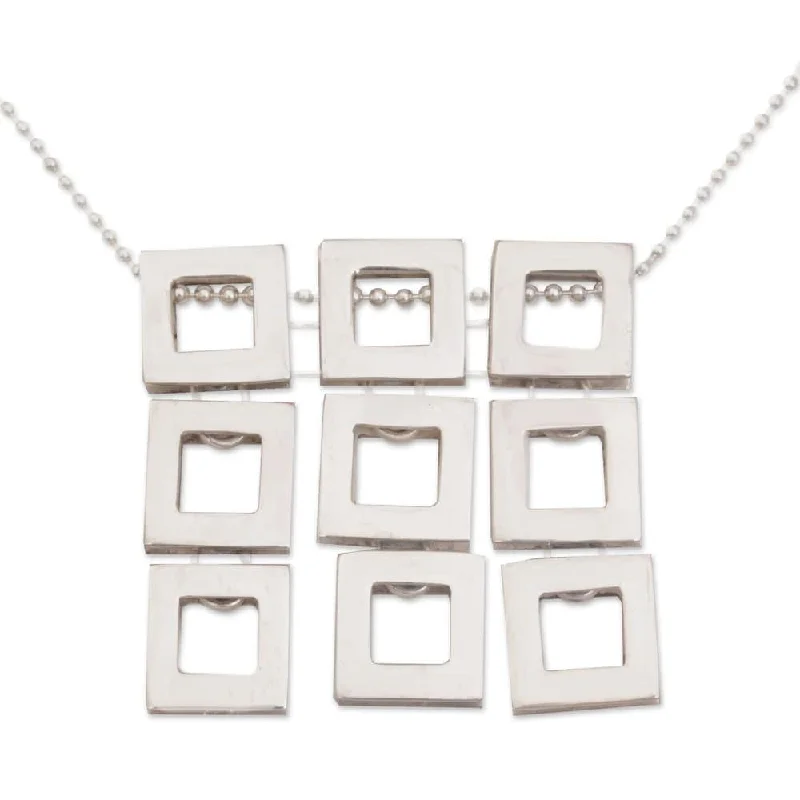 silver personalized bar necklace for women-Handmade Sterling Silver Pendant Necklace, 'Fair Square' (Indonesia) - 7'6" x 9'6"