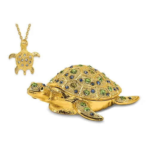 vintage-style pendant necklace for men-Gold Sea Turtle Green Crystal Trinket Box