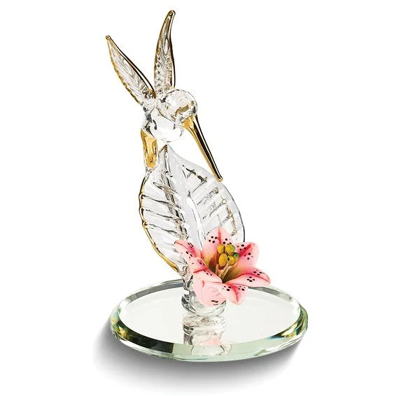 silver personalized bar necklace for women-Glass Baron Small Hummingbird & Porcelain Lily Pink Flower Glass Figurine