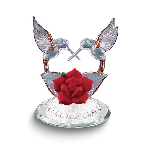 gold necklace with engraved pendant for men-Glass Baron Small Hummingbirds & Red Porcelain Rose Glass Figurine