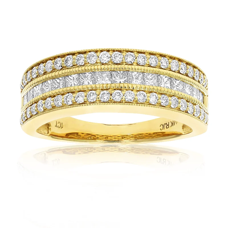 men’s wedding rings with diamonds and platinum inlays-1 cttw Princess and Round Diamond Wedding Band with Milgrain 14K Yellow Gold