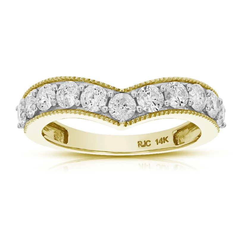 engagement rings with cushion-cut sapphires and round diamonds-1 cttw V-Shape Diamond Wedding Band with Milgrain 14K Gold