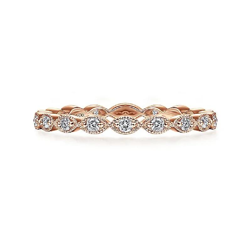 women’s wedding rings with emerald-cut sapphires and diamonds-14K Rose Gold Marquise Station Diamond Stackable Ring