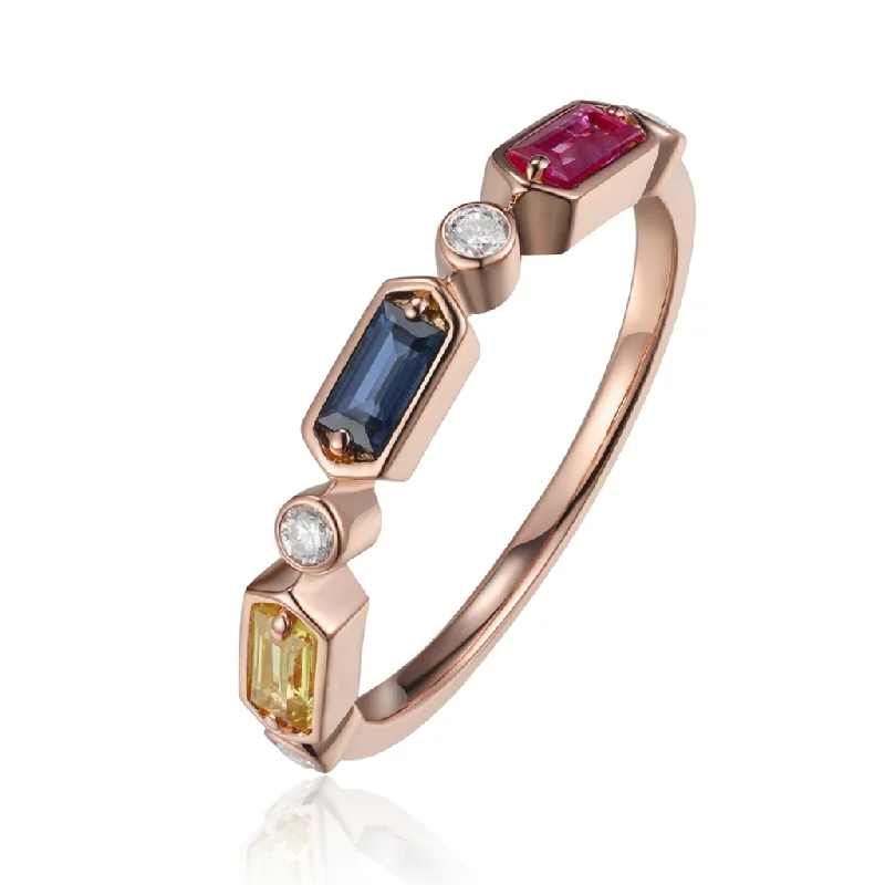 men’s wedding bands with gold and sapphire inlays-14K Rose Gold Multi-Colored Sapphire And Diamond Ring