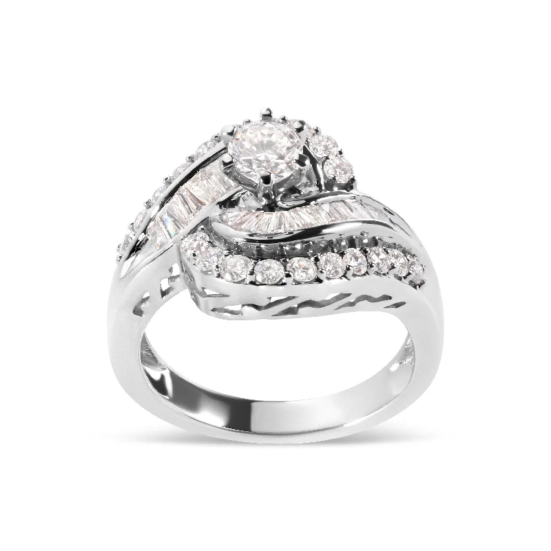 women’s engagement rings with baguette diamonds and sapphires-14K White Gold 1.00 Cttw Round and Baguette cut Diamond Swirl Cocktail Ring