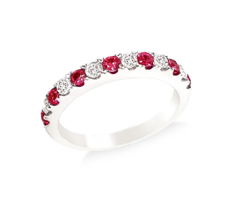 women’s engagement rings with radiant-cut sapphires and diamonds-14K White Gold Alternating Diamond And Ruby Band