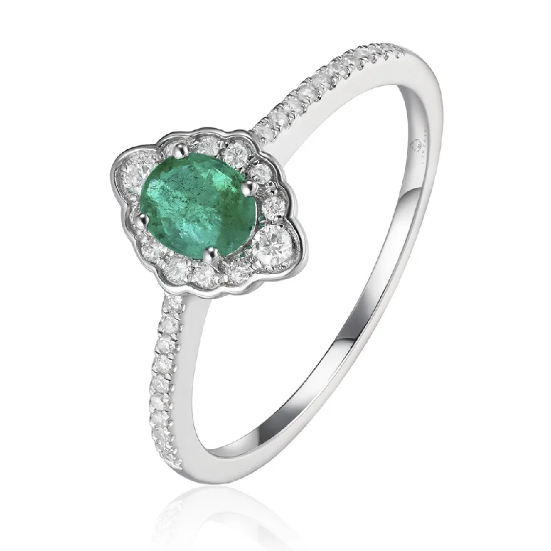 men’s wedding rings with engraved sapphire and diamond designs-14K White Gold Emerald And Diamond Halo Ring