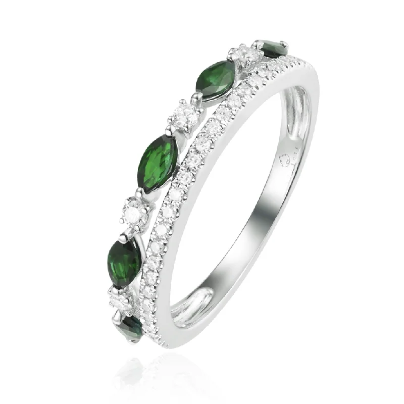 men’s engagement rings with diamonds and sapphire pave-14K White Gold Emerald And Diamond Stacked Ring