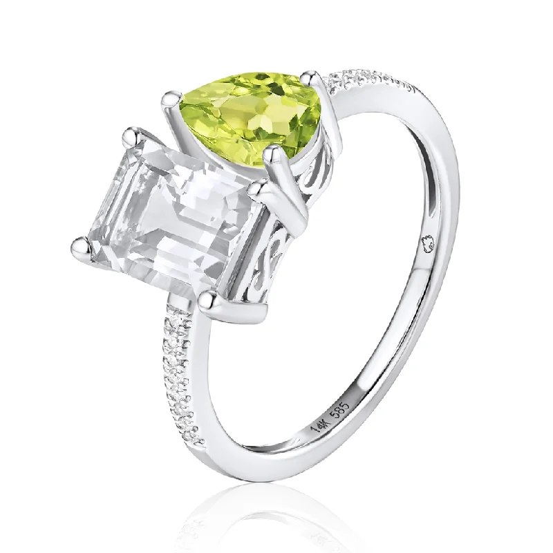 men’s rings with sapphire and diamond designs for wedding-14K White Gold Peridot And White Topaz Toi Et Moi Ring