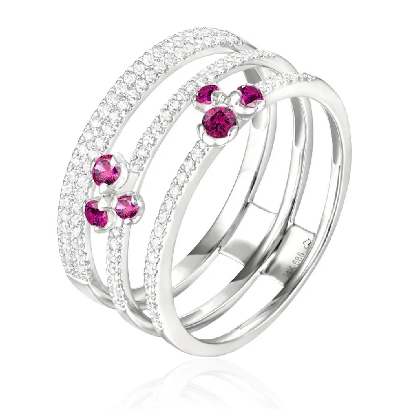 men’s wedding rings with diamond center stones and sapphire bands-14K White Gold Ruby And Diamond Flower Ring