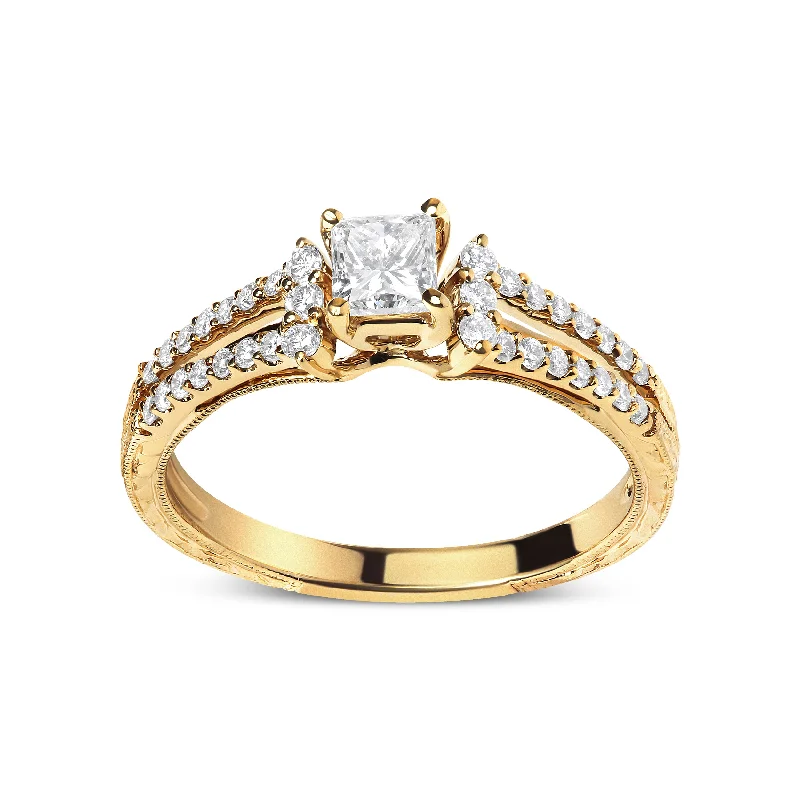 engagement rings with round diamonds and sapphire accents-14K Yellow Gold Diamond 5/8 Cttw Princess Diamond Split Shank and Milgrain Engagement Ring