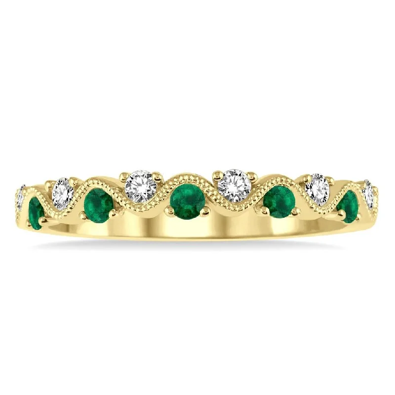 women’s engagement rings with radiant sapphires and diamonds-14K Yellow Gold Diamond And Emerald Wave Band Ring