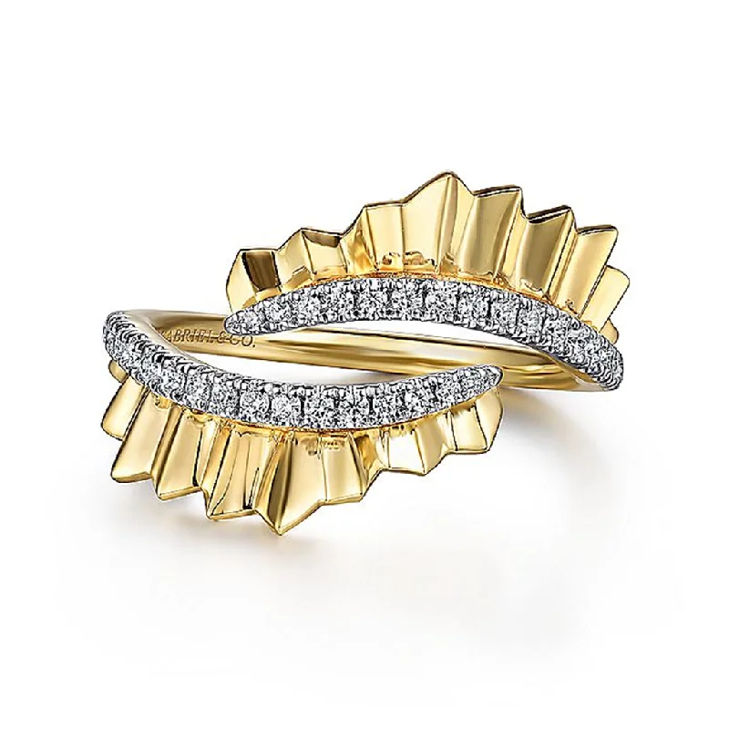 women’s wedding rings with diamonds and emerald halos-14K Yellow Gold Diamond Bypass Ring With Diamond Cut Texture