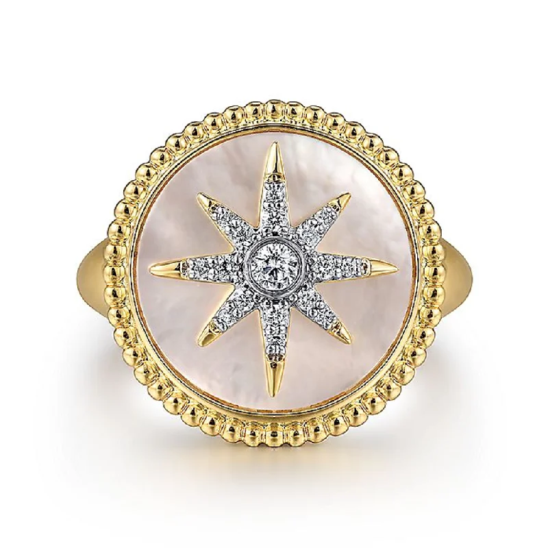 men’s rings with diamonds, emeralds, and rubies-14K Yellow Gold Mother Of Pearl Inlay And Diamond Starburst Signet Ring