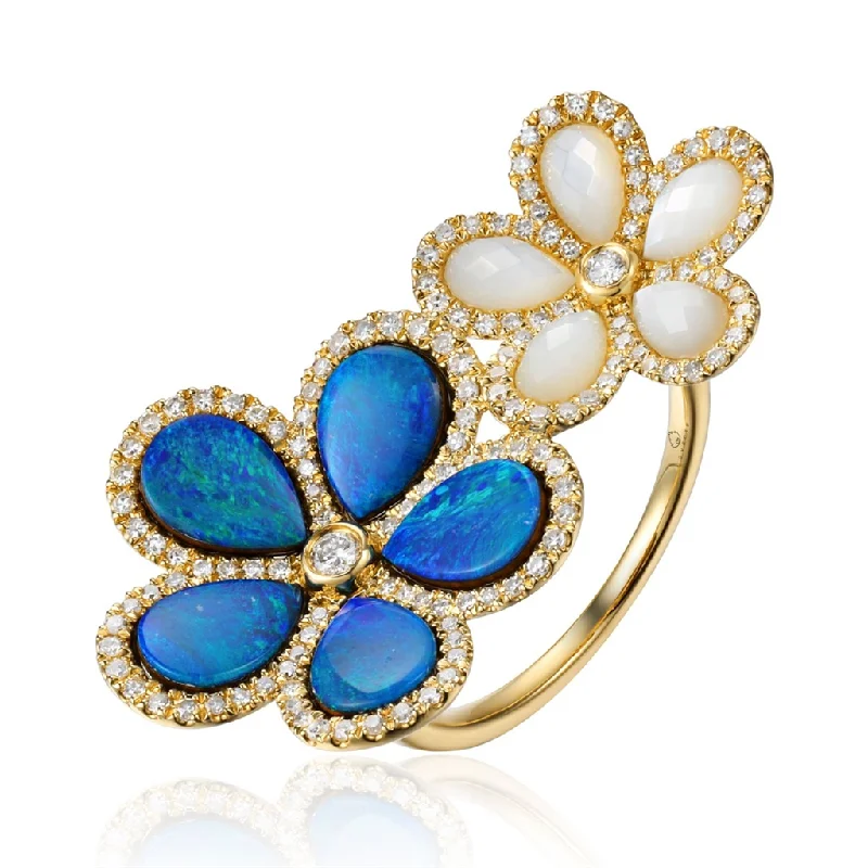 engagement rings with oval diamonds and sapphire bands-14K Yellow Gold Opal And Mother Of Pearl Flower Cocktail Ring