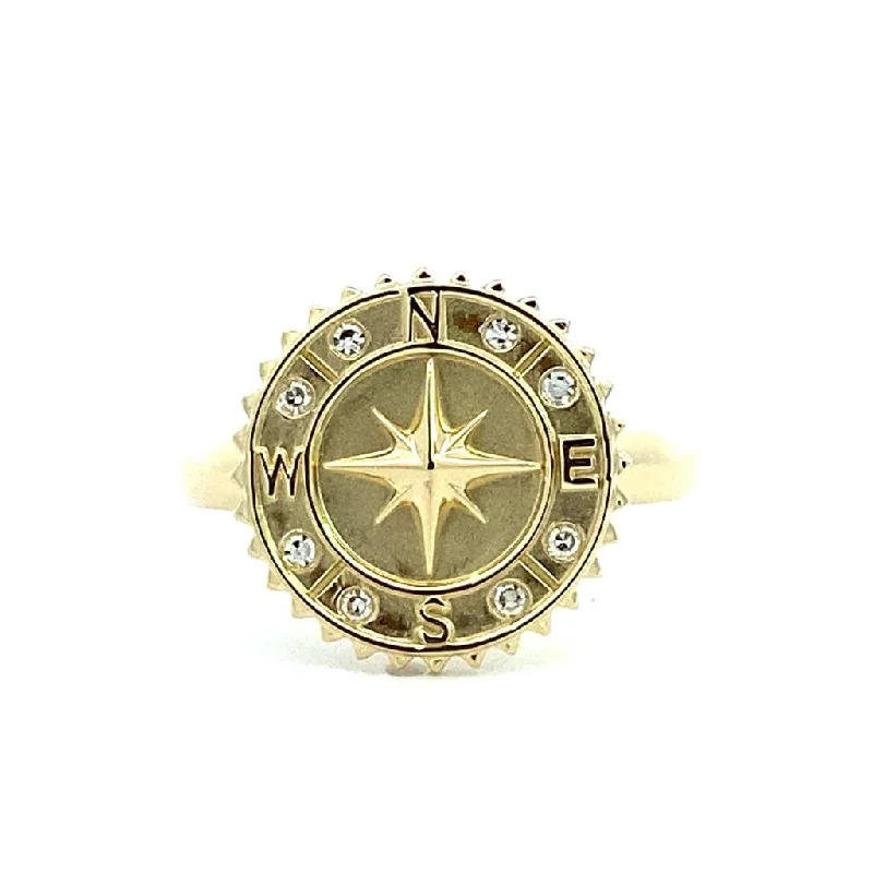 engagement rings with heart-shaped sapphires and diamonds for men-14K Yellow Gold Satin Finish Compass Medallion Diamond Ring