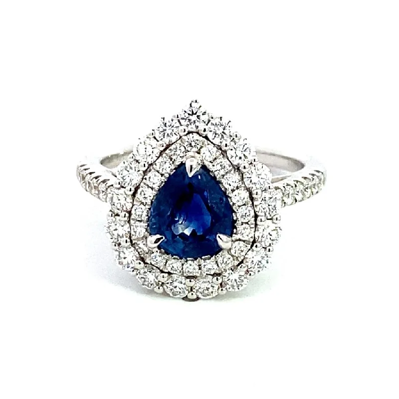 women’s rings with heart-shaped sapphires and diamonds-18K White Gold Double Diamond Halo Sapphire Ring