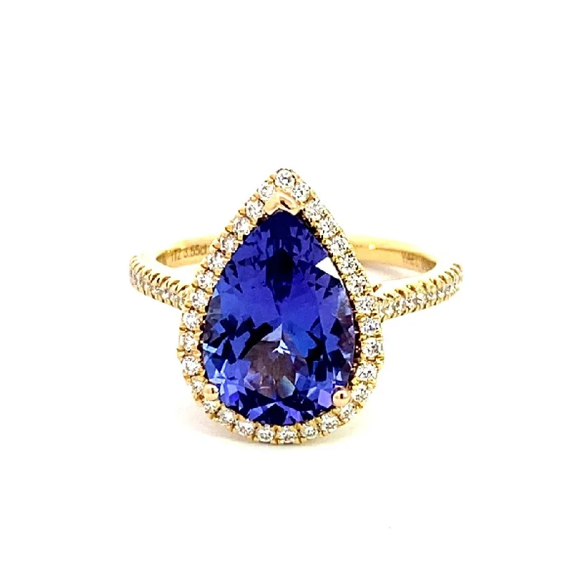 men’s wedding rings with gold, diamonds, and sapphires-18K Yellow Gold Diamond Halo Pear Tanzanite Ring