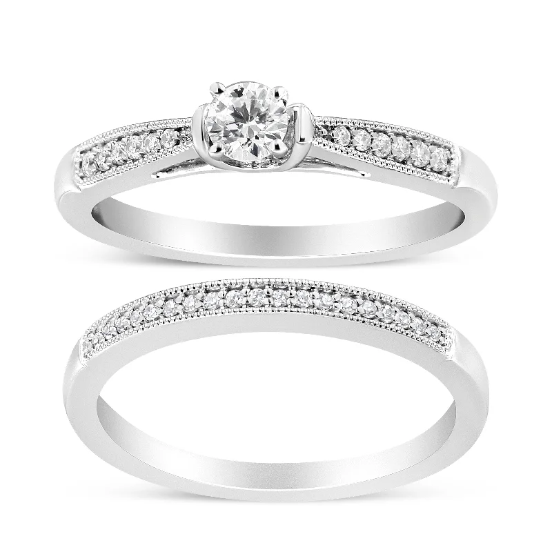 men’s wedding rings with diamonds and platinum inlays-.925 Sterling Silver 1/3 Cttw Diamond Classic Engagement Ring Bridal Set with Milgrain