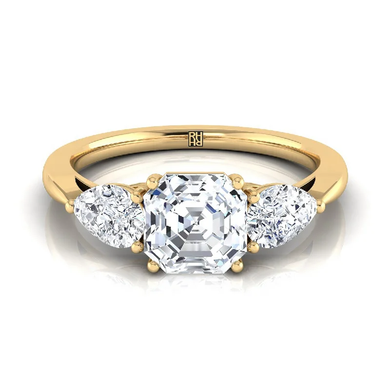 women’s rings with round diamonds and emerald center stones-14K Yellow Gold Asscher Cut Diamond Perfectly Matched Pear Shaped Three Diamond Engagement Ring -7/8ctw