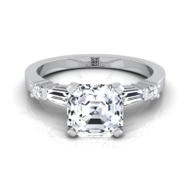 women’s engagement rings with square-cut diamonds and sapphires-14K White Gold Asscher Cut Diamond Simple Baguette and Round Solitaire Engagement Ring -1/4ctw