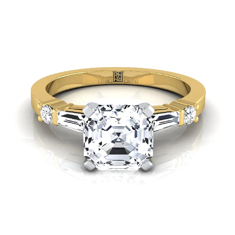 women’s engagement rings with radiant diamonds and sapphires-14K Yellow Gold Asscher Cut Diamond Simple Baguette and Round Solitaire Engagement Ring -1/4ctw