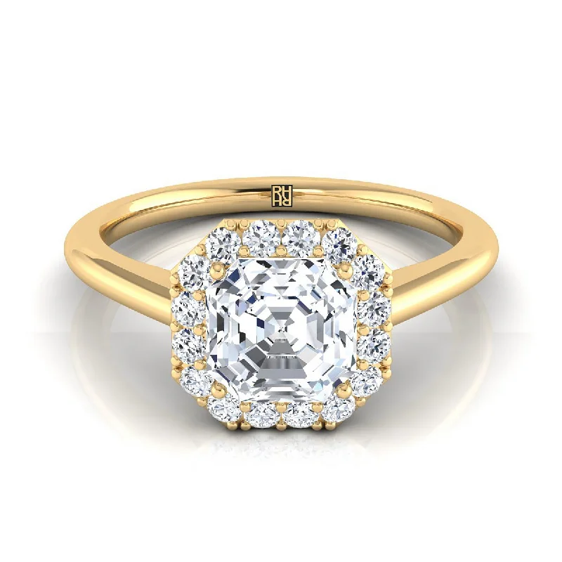 women’s engagement rings with radiant-cut sapphires and diamonds-14K Yellow Gold Asscher Cut Diamond Shared Prong Halo Engagement Ring -1/5ctw