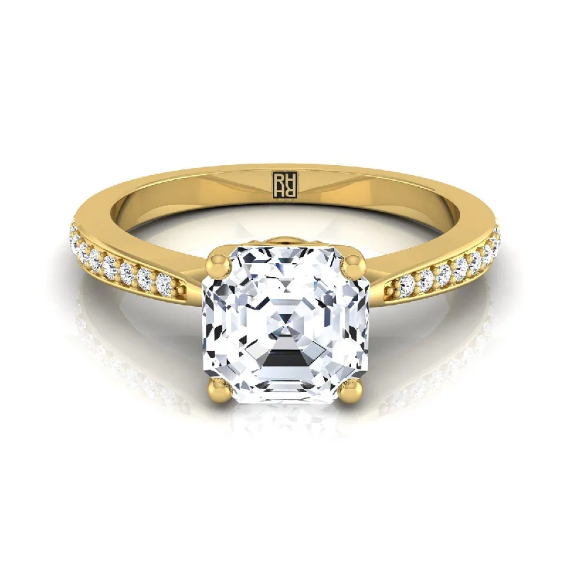 engagement rings with heart-shaped diamonds and sapphire bands-14K Yellow Gold Asscher Cut Diamond Tapered Pave Engagement Ring -1/8ctw