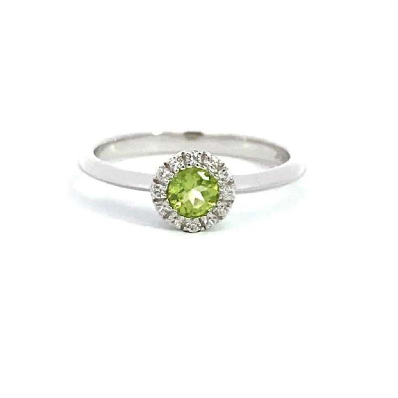 women’s engagement rings with cushion-cut diamonds and emeralds-August Birthstone Ring: Sterling Silver Peridot Halo Ring