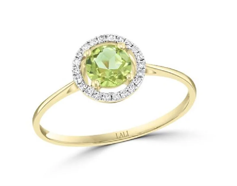 women’s wedding rings with diamonds and rubies-August Birthstone Rings: 14K Yellow Gold Diamond And Peridot Halo Ring