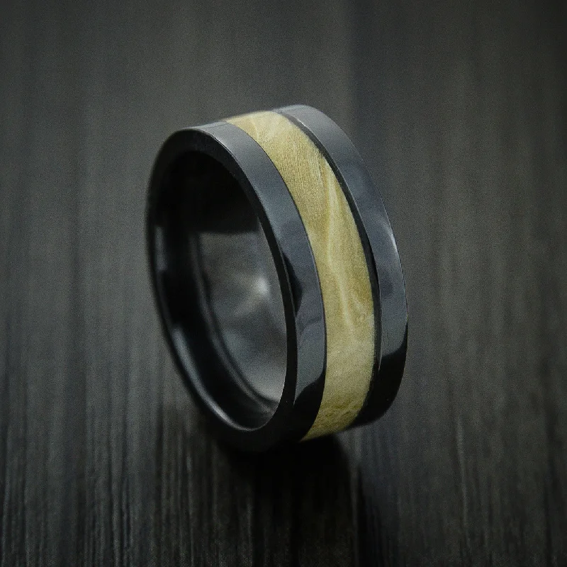 men’s wedding rings with diamonds and sapphire pave-Black Zirconium Men's Ring Inlaid with Boxelder Burl Wood Custom Made