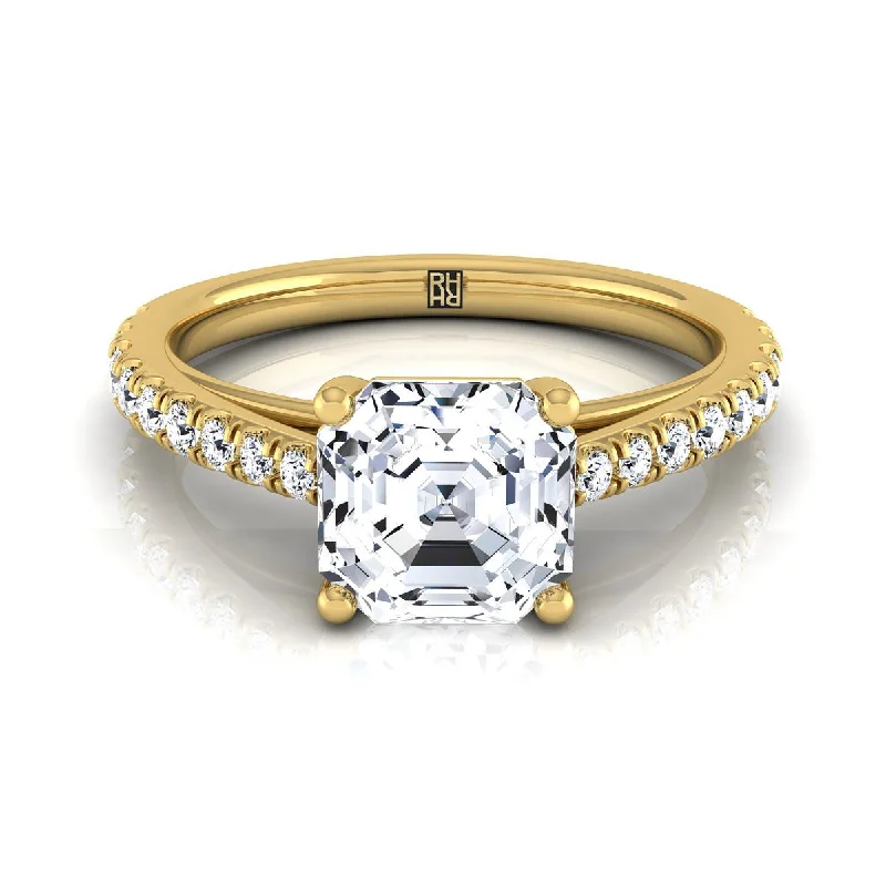 engagement rings with emerald-cut diamonds and diamond pave-14K Yellow Gold Asscher Cut Diamond French Pave Cathedral Style Solitaire Engagement Ring -1/4ctw