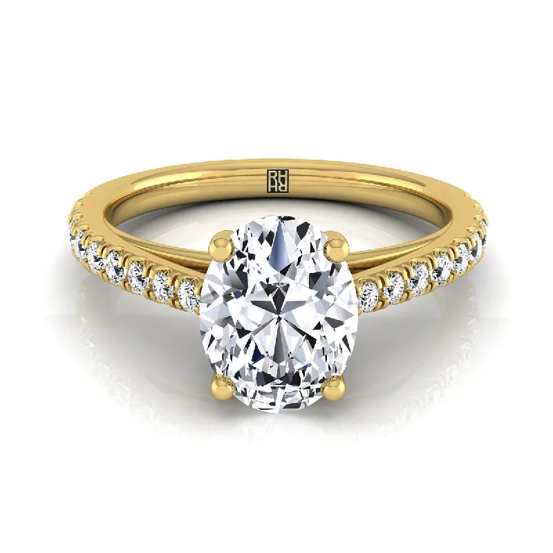 custom engagement rings with sapphires and diamonds-14K Yellow Gold Oval Diamond French Pave Cathedral Style Solitaire Engagement Ring -1/4ctw