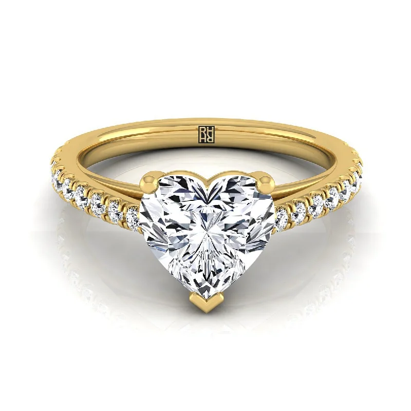 engagement rings with cushion-cut sapphires and round diamonds-14K Yellow Gold Heart Shape Center Diamond French Pave Cathedral Style Solitaire Engagement Ring -1/4ctw