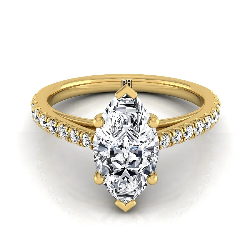 women’s rings with diamond bands and sapphire halos-14K Yellow Gold Marquise  Diamond French Pave Cathedral Style Solitaire Engagement Ring -1/4ctw