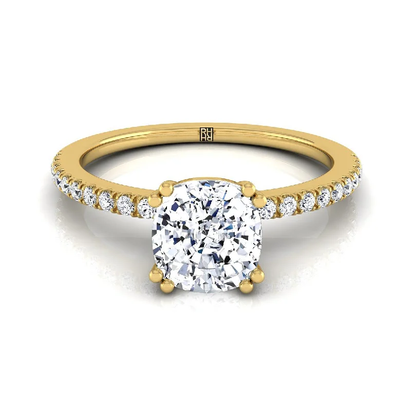 women’s engagement rings with antique-style sapphires-14K Yellow Gold Cushion Diamond Simple French Pave Double Claw Prong Engagement Ring -1/6ctw