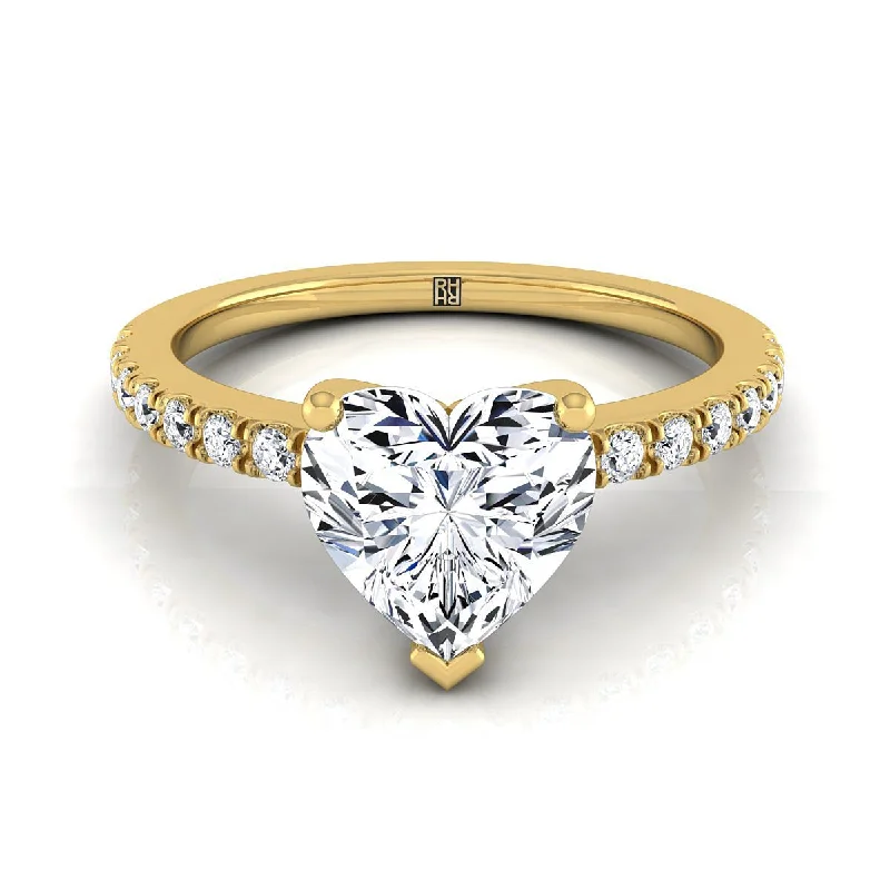 engagement rings with oval sapphires and diamond halos-14K Yellow Gold Heart Shape Center Simple Linear Diamond Pave Engagement Ring -1/5ctw