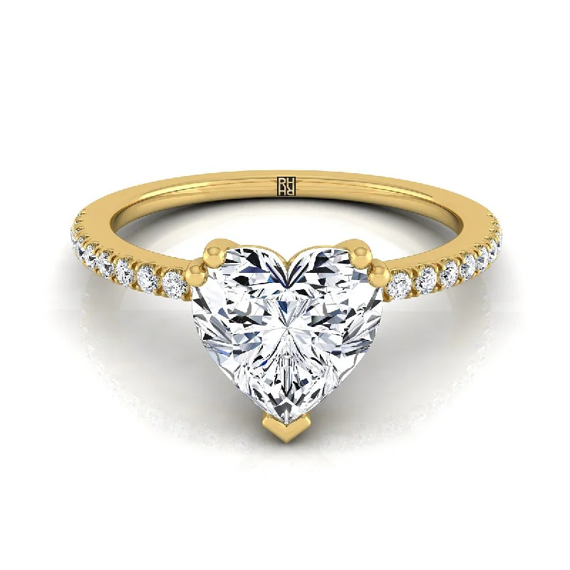 women’s engagement rings with cushion-cut diamonds and emeralds-14K Yellow Gold Heart Shape Center Diamond Simple French Pave Double Claw Prong Engagement Ring -1/6ctw