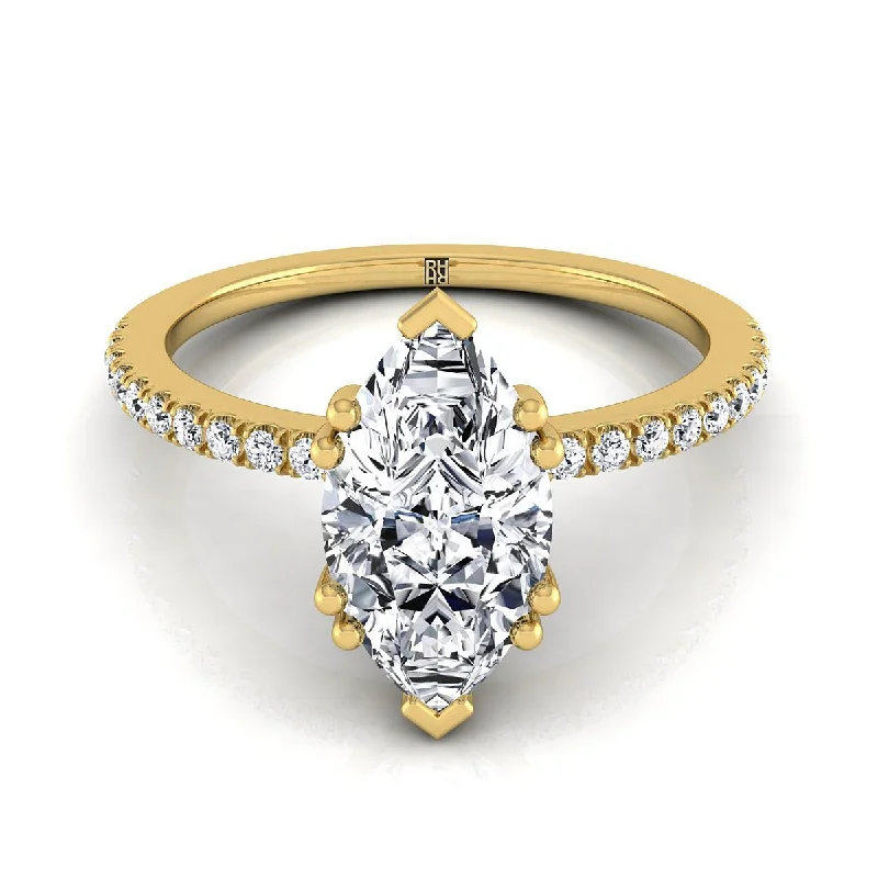 engagement rings with radiant diamonds and sapphire accents-14K Yellow Gold Marquise  Diamond Simple French Pave Double Claw Prong Engagement Ring -1/6ctw