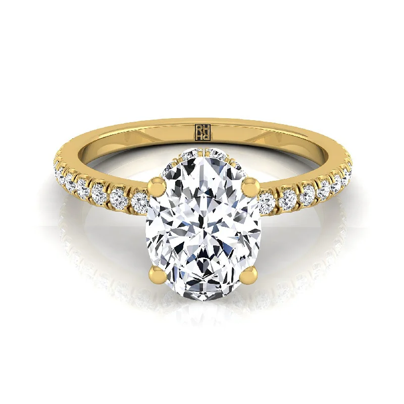 custom engagement rings with oval sapphires and diamonds-14K Yellow Gold Oval Diamond Secret Diamond Halo French Pave Solitaire Engagement Ring -1/3ctw