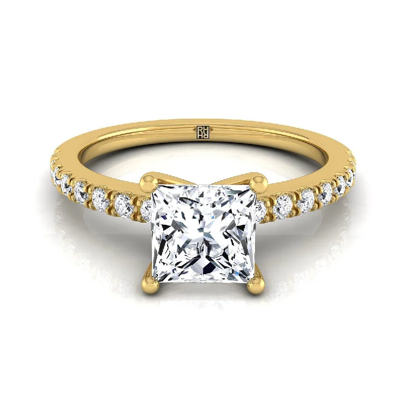 engagement rings with heart-shaped diamonds and sapphire bands-14K Yellow Gold Princess Cut Simple Linear Diamond Pave Engagement Ring -1/5ctw