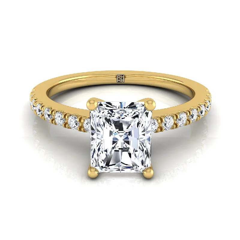 women’s rings with vintage-style diamonds and sapphires-14K Yellow Gold Radiant Cut Center Simple Linear Diamond Pave Engagement Ring -1/5ctw