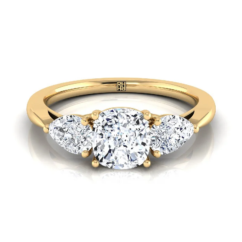 men’s wedding rings with brushed platinum and diamond accents-14K Yellow Gold Cushion Diamond Perfectly Matched Pear Shaped Three Diamond Engagement Ring -7/8ctw