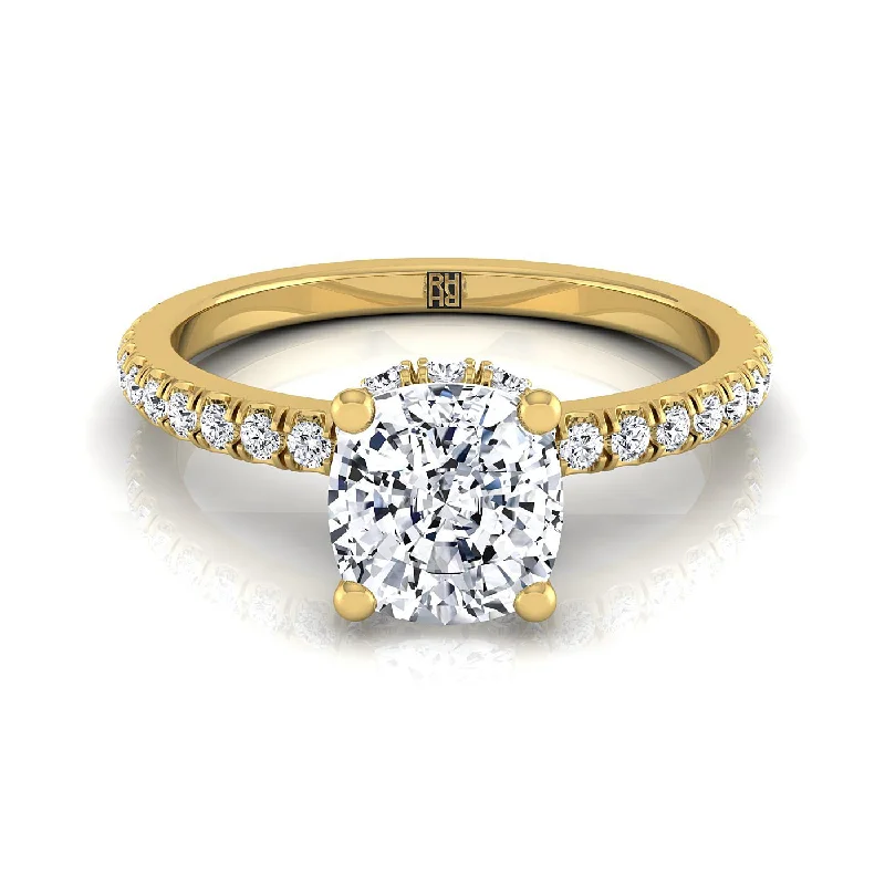 engagement rings with halo designs and diamonds for women-14K Yellow Gold Cushion Diamond Secret Diamond Halo French Pave Solitaire Engagement Ring -1/3ctw