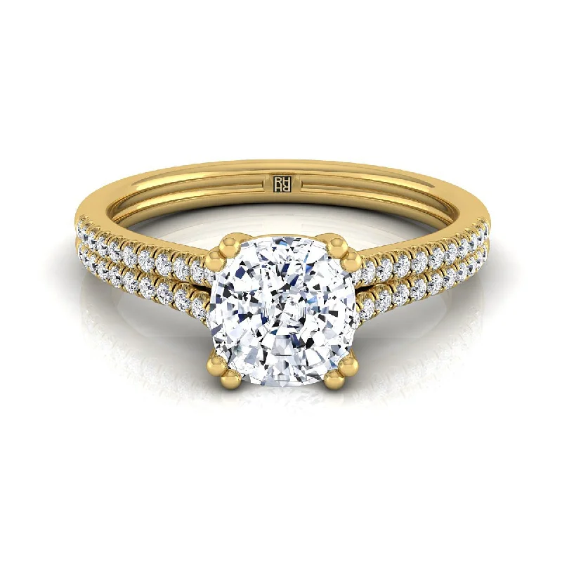 women’s wedding rings with antique diamonds and sapphires-14K Yellow Gold Cushion Diamond Double Row Double Prong French Pave Engagement Ring -1/6ctw