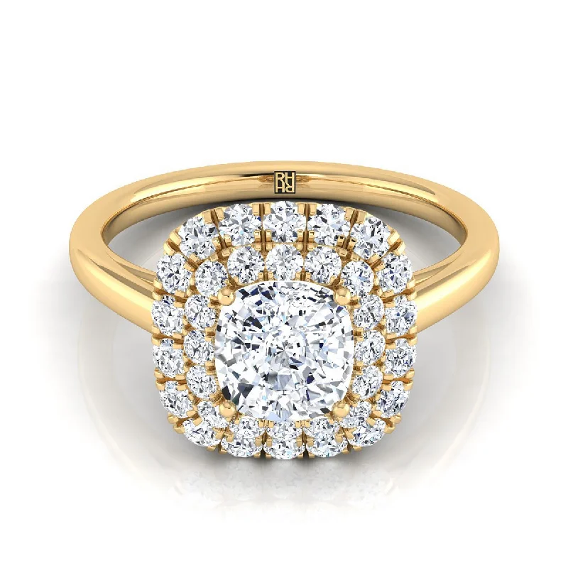 engagement rings with round sapphires and diamond accents-14K Yellow Gold Cushion Diamond Stair Step Double Halo Engagement Ring -1/2ctw