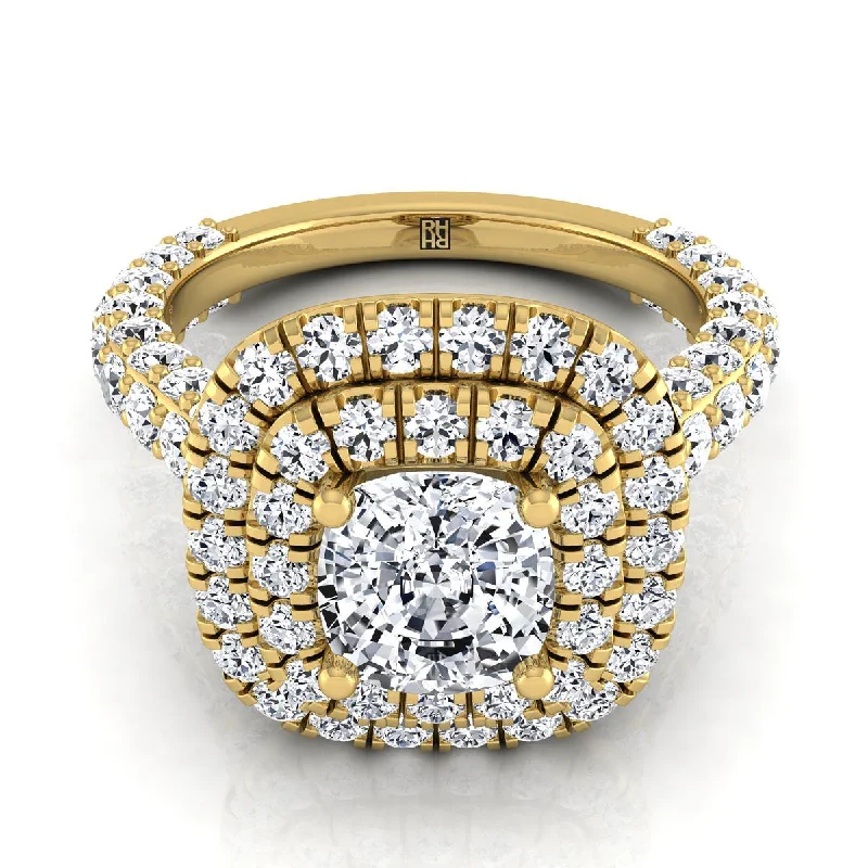 custom-designed wedding rings with diamond pave settings-14K Yellow Gold Cushion Diamond Bold and Fancy Double Halo French Pave Engagement Ring -2ctw