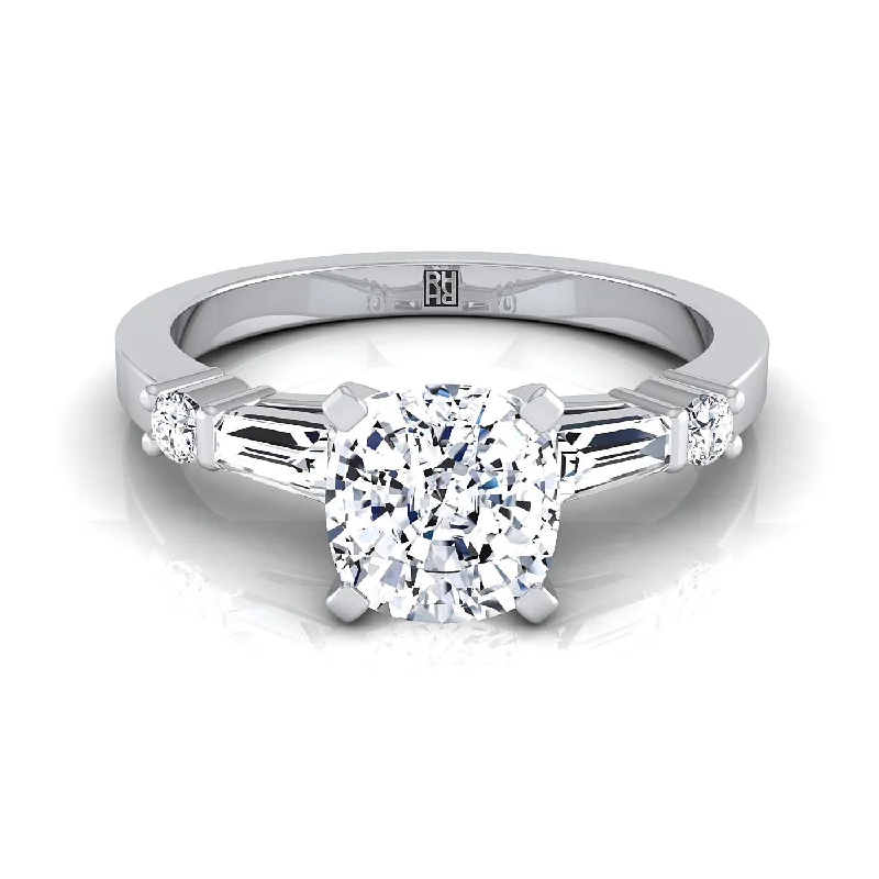 men’s wedding rings with diamond pave and sapphire inlays-14K White Gold Cushion Diamond Simple Baguette and Round Solitaire Engagement Ring -1/4ctw